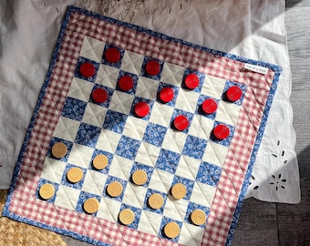 Handmade 2-in-1 Quilted Patchwork Game Board – Checkers & Tic Tac Toe, Textile Toy