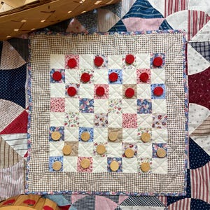 Handmade 2-in-1 Quilted Patchwork Game Board – Checkers & Tic Tac Toe, Heirloom Toy