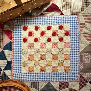 Handmade 2-in-1 Quilted Patchwork Game Board – Checkers & Tic Tac Toe, Heirloom Toy