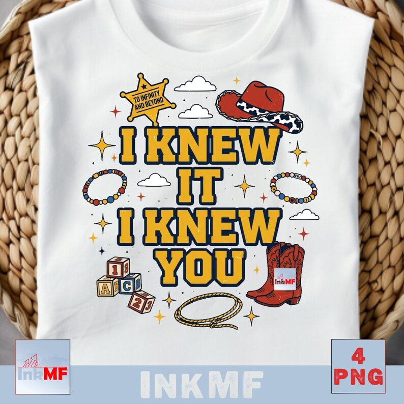 May include: A white sleeveless shirt featuring a graphic print with the text I KNEW IT I KNEW YOU in yellow with dark blue outlines. The design includes a yellow sheriff star, a red cowboy hat, colorful beaded bracelets, alphabet blocks, and a lasso.