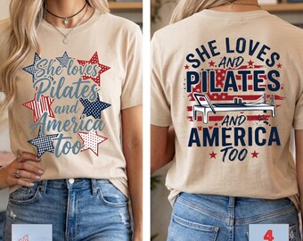 She Loves Pilates And America Too PNG | Vintage Patriotic Christian Sublimation | Distressed American Flag | 4th of July Digital Download
