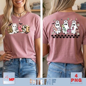 May include: A mauve t-shirt featuring a graphic of a ghost dressed as a nurse with the text NURSE on the front. The back displays three ghost nurses with medical accessories, including a bandage, syringe, and medical kit, above a black checkerboard.
