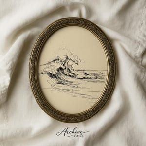 May include: An oval, antique gold-colored frame with a detailed border surrounds a pen and ink drawing of a crashing ocean wave. The artwork is on a cream-colored background. The text "Archive Art Co." is at the bottom.