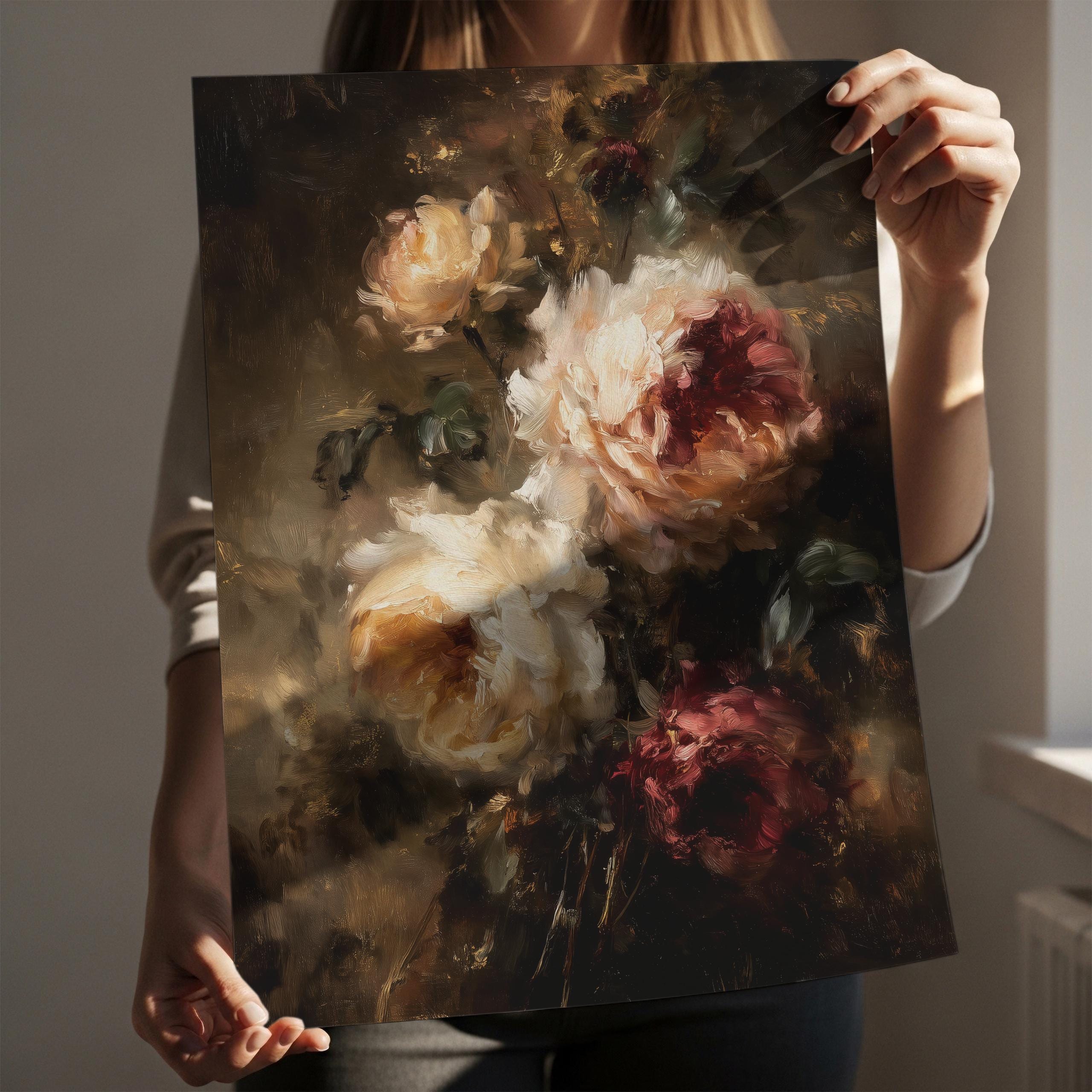 Moody Floral Still Life Art - Vintage Peony and Rose Painting, Romantic ...