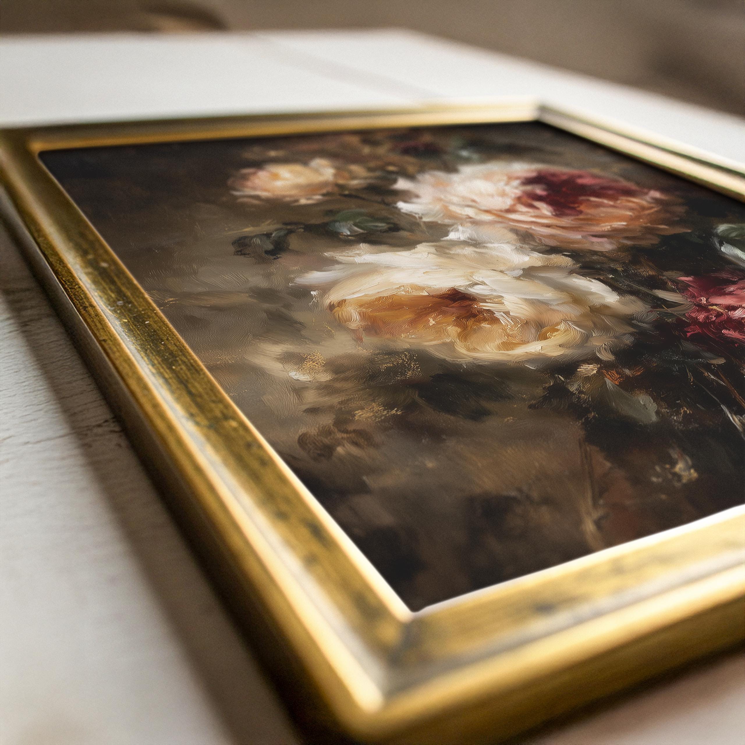 Moody Floral Still Life Art - Vintage Peony and Rose Painting, Romantic ...