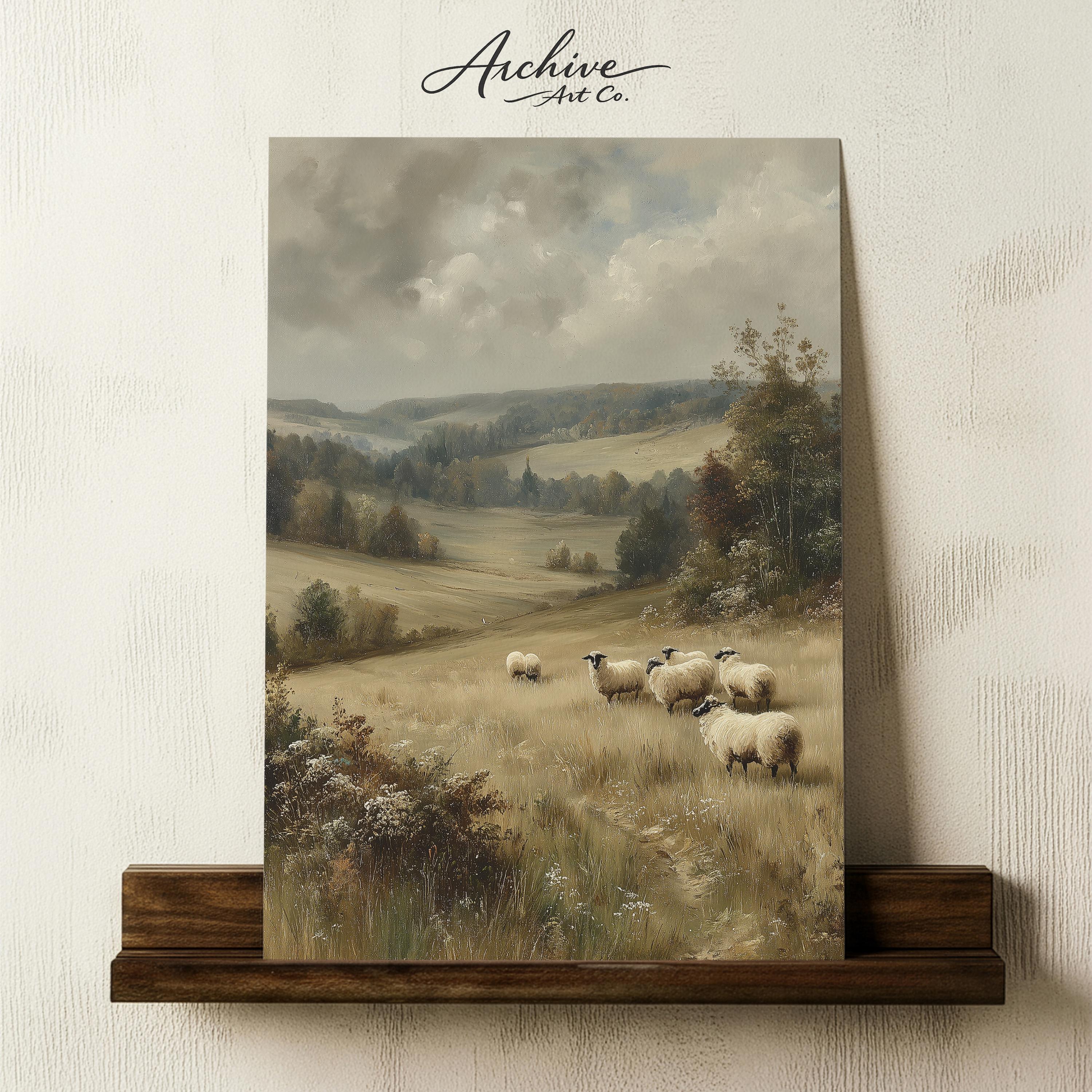 Rustic Farmhouse Sheep Meadow Painting - Serene Pastoral Landscape ...