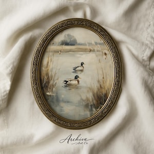 Watercolor duck painting wall art for study — serene marshland reflections and gentle tones enhance rustic-themed interiors.