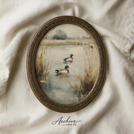 Vintage Mallard Duck Pair Printable - Serene Watercolor Painting, Misty Marsh Setting, Cottagecore Decor, Rustic Earthy Wall Art Download