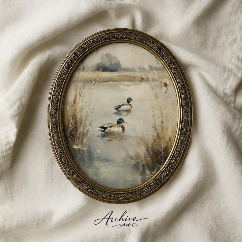 Watercolor duck painting wall art for study — serene marshland reflections and gentle tones enhance rustic-themed interiors.