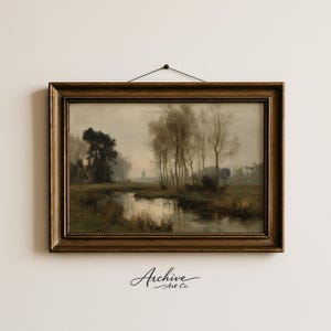 Riverside Reflection Vintage Painting - Moody Rustic Landscape Art, Earthy Farmhouse Decor, Printable Stream & Tree Scene, Digital Download