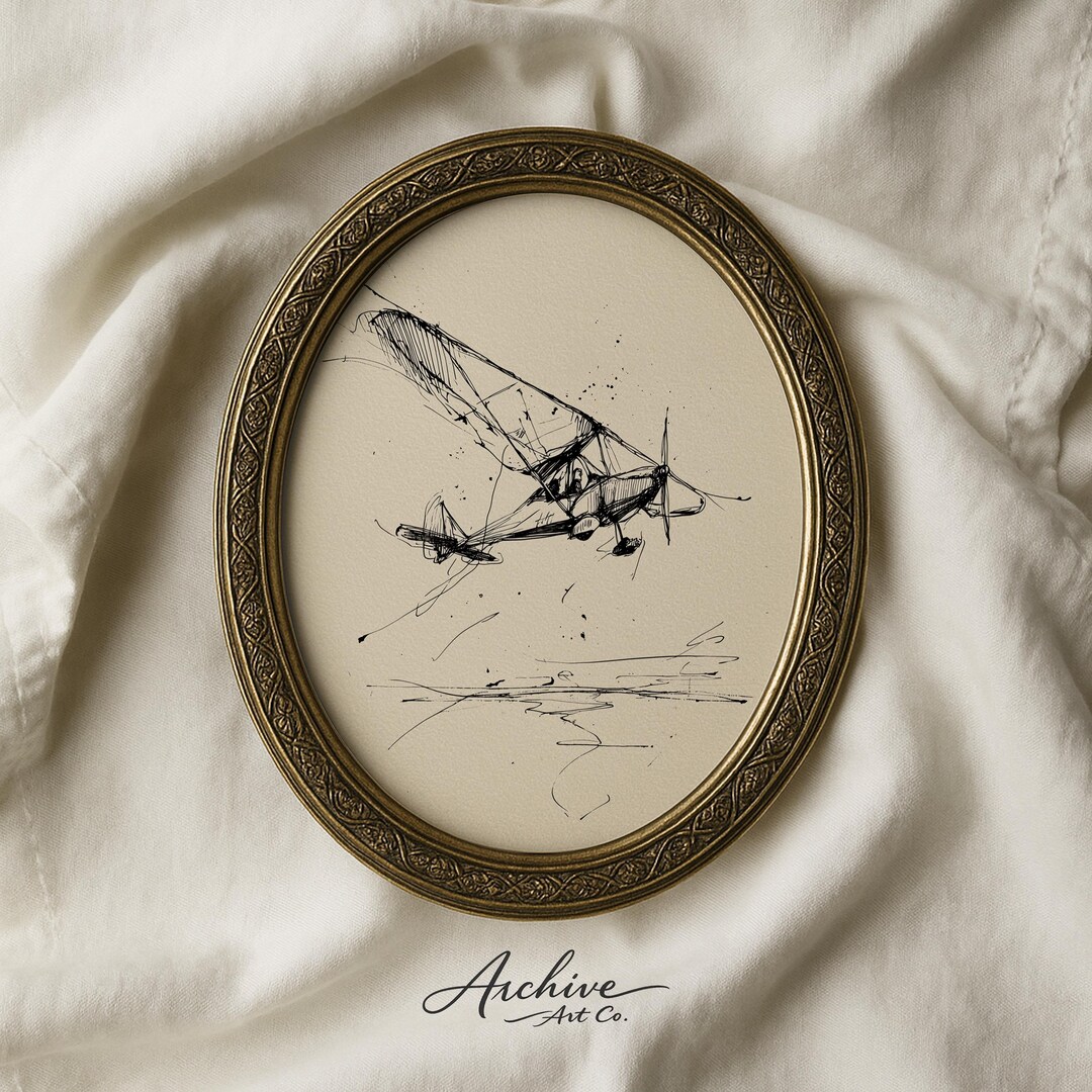 Ink Plane Vintage Aviation Printable Art - Rustic Airplane Ink Sketch, Minimalist ...
