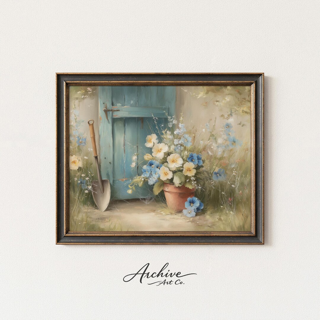 Rustic Cottagecore Floral Art - Printable Vintage Blue Door Scene ...