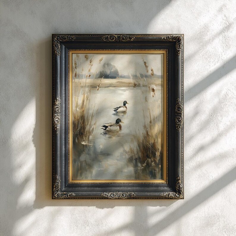 Artwork of mallard ducks in a misty marsh for dining area — soft blues and greens evoke a peaceful cottagecore atmosphere.