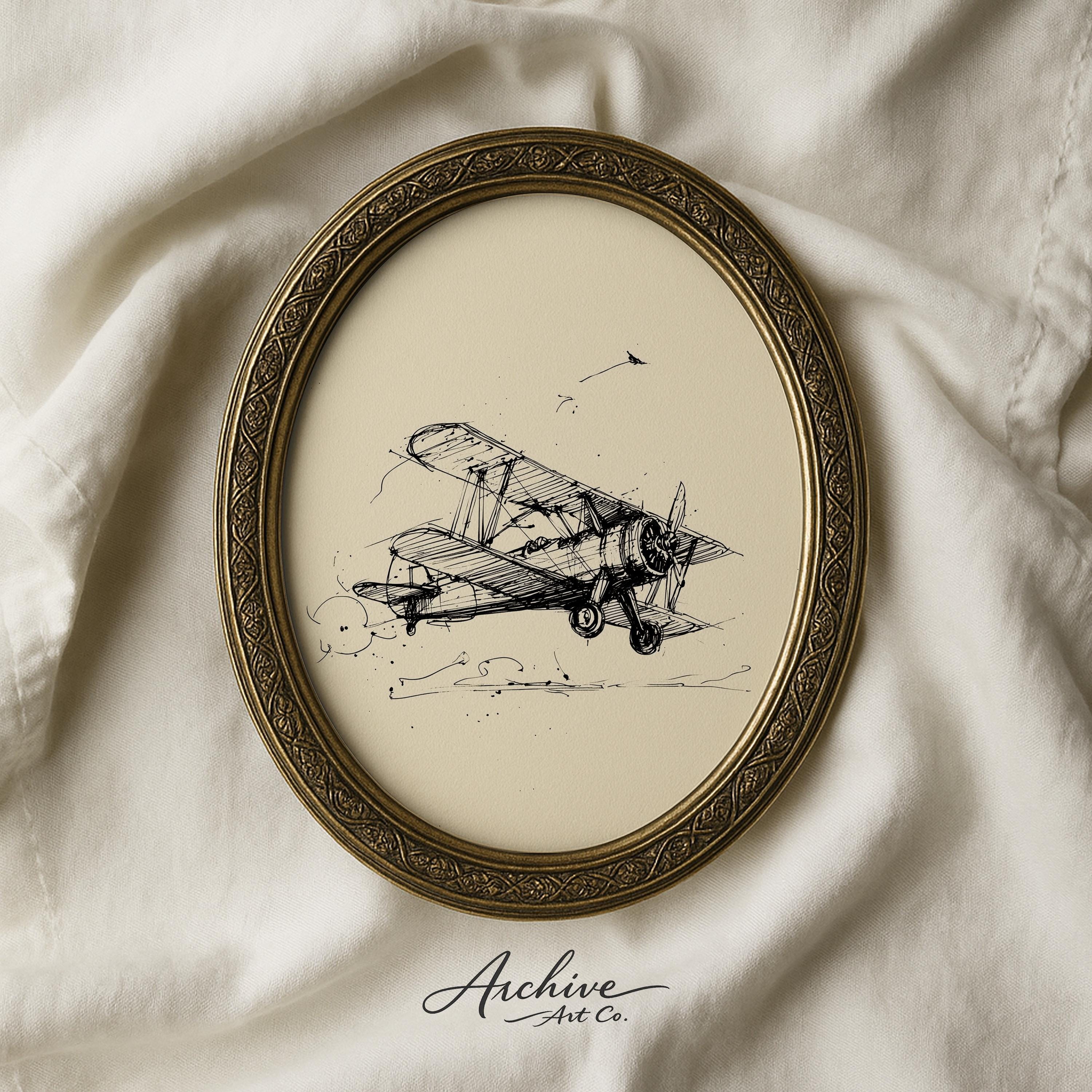 Vintage Biplane in Flight Art - Nostalgic Aviation Wall Decor, Neutral ...
