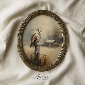 Barn Owl on Weathered Fence Post - Moody Printable Wall Art, Rustic Farmhouse Decor, Vintage Country Landscape, Digital Download Print