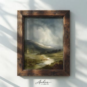Moody Frontier Landscape Printable - Rustic 19th Century Art, Dramatic Country Scene, Misty Mountains and Stream, Digital Wall Decor