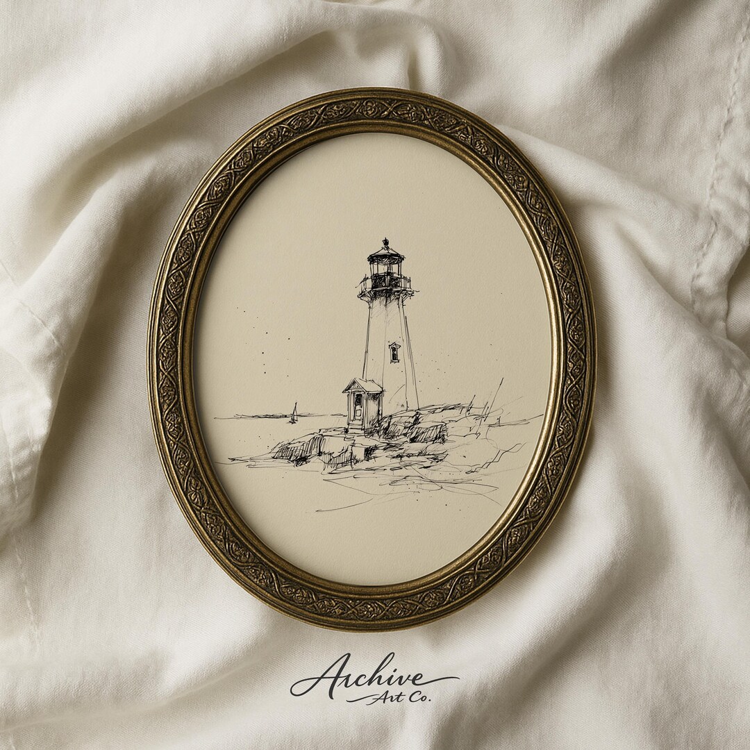 Coastal Nautical Lighthouse Line Drawing - Vintage Nautical Art ...