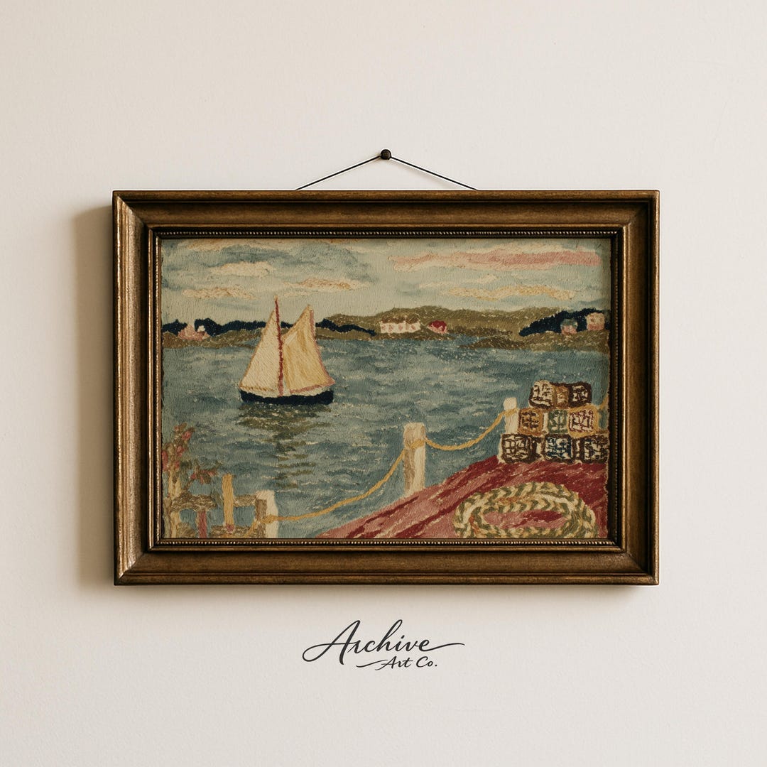 Rustic Coastal Sailboat Art Print, Nautical Vintage Scene, Textile ...