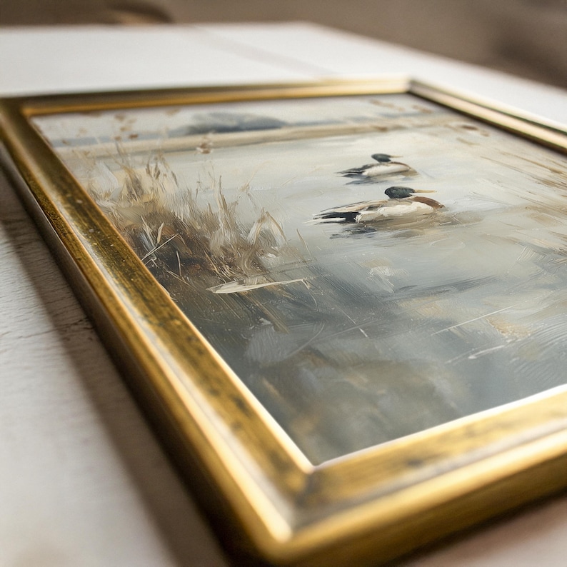 Impressionistic wall art featuring floating ducks for bedroom — moody tones and tranquil marsh scenery create a cozy farmhouse vibe.