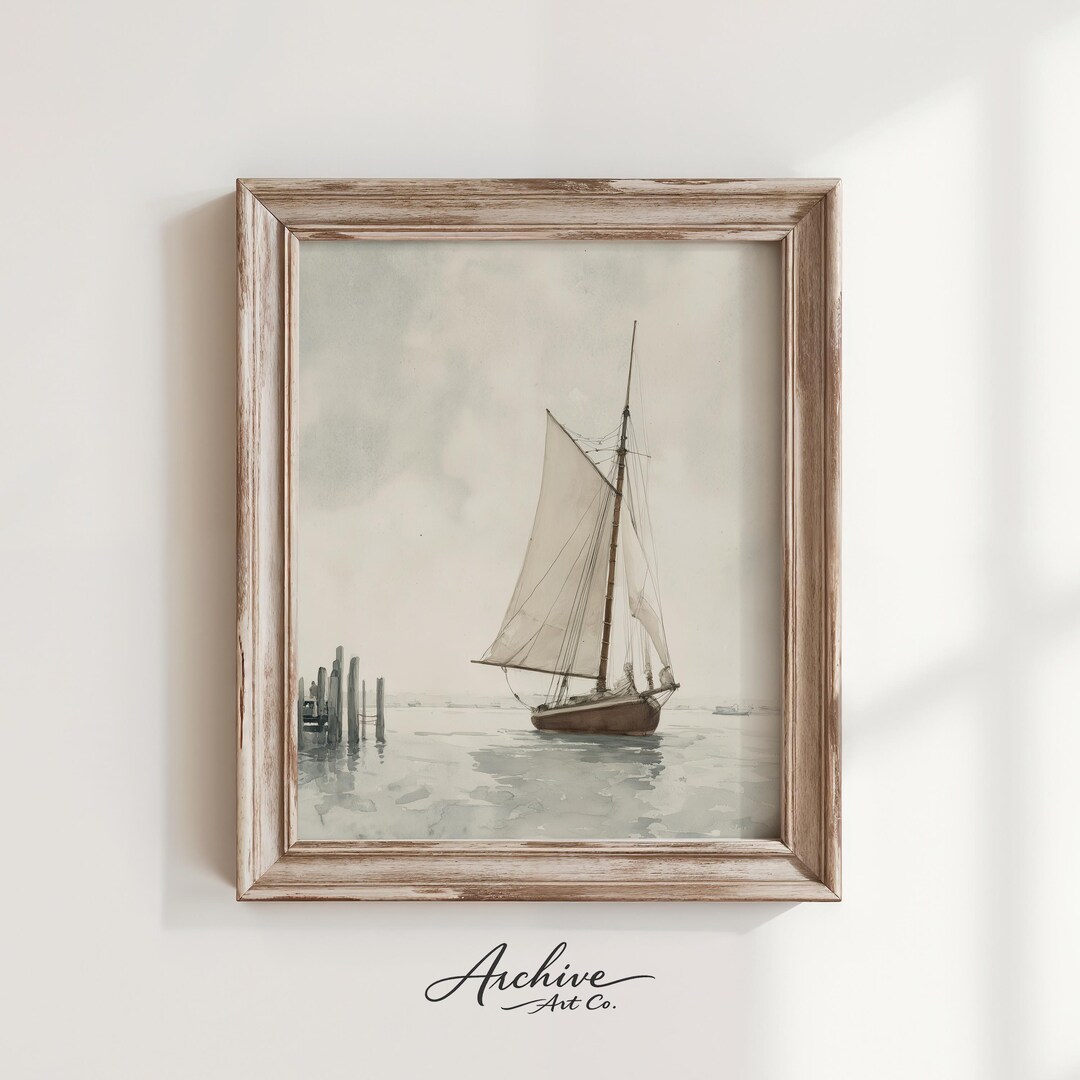 Vintage Nautical Sailboat Print, Printable Coastal Wall Art, Tranquil ...