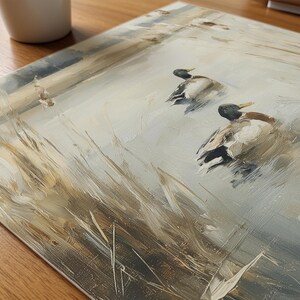 Rustic wall art of mallard ducks for country cottage — muted floral tones and serene scenery radiate farmhouse charm.