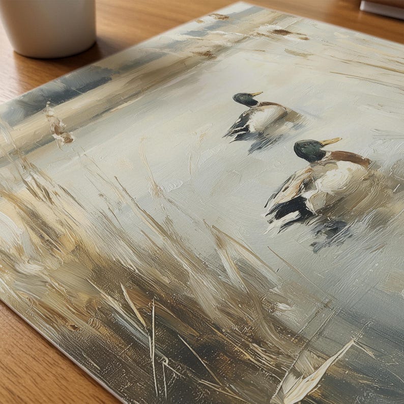 Rustic wall art of mallard ducks for country cottage — muted floral tones and serene scenery radiate farmhouse charm.