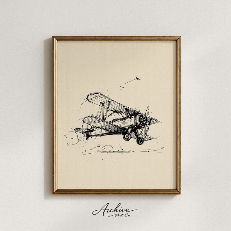 Vintage Biplane in Flight Art - Nostalgic Aviation Wall Decor, Neutral ...