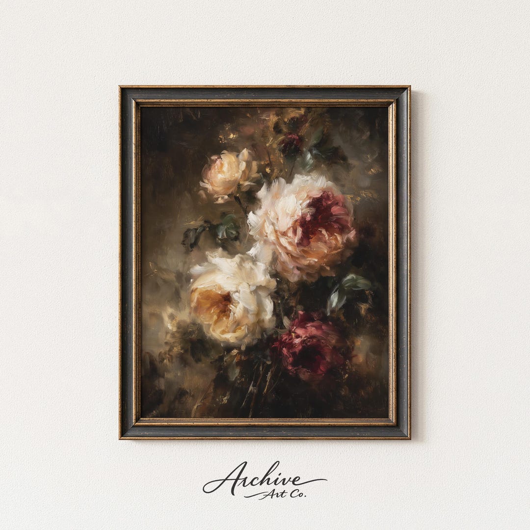 Moody Floral Still Life Art - Vintage Peony and Rose Painting, Romantic ...