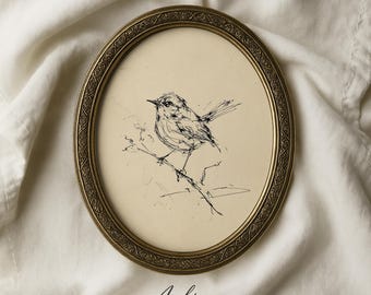 May include: An oval, antique-style framed print featuring a detailed pen and ink drawing of a small bird perched on a branch. The frame is gold-toned with an ornate border. The artwork is set against a cream-colored background.