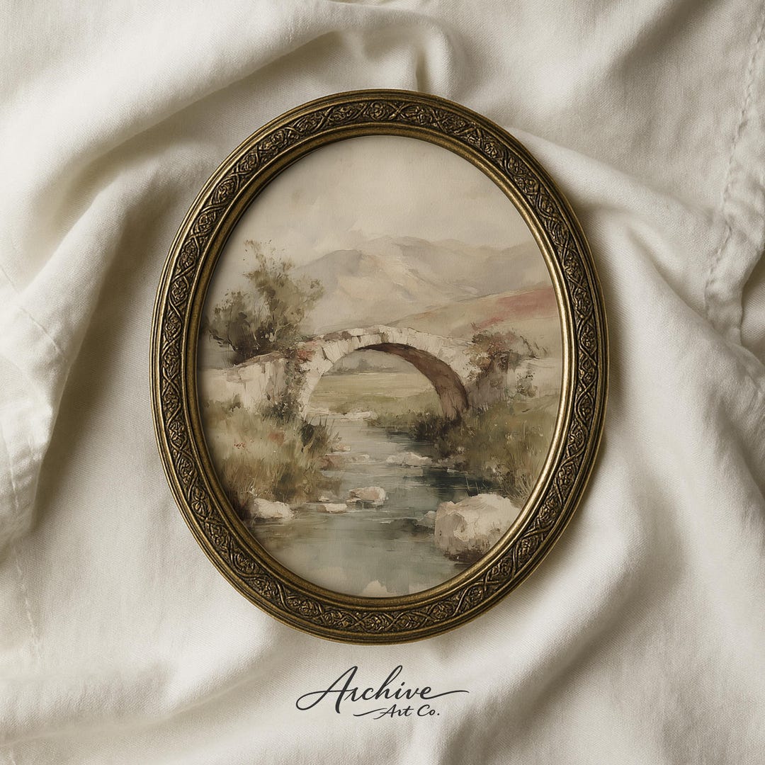Rustic Stone Bridge Over Gentle Stream - Printable Vintage Landscape ...