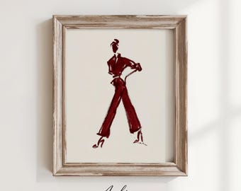 Chic Fashion Figure Painting - Printable Minimalist Wall Art, Modern Burgundy Sketch, Elegant Woman Pose Decor, Digital Art Download