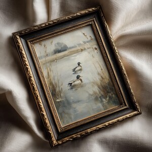 Ducks floating in foggy marsh printable for living room — soothing water palette and impressionistic style perfect for nostalgic aesthetics.