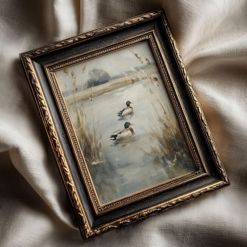 Ducks floating in foggy marsh printable for living room — soothing water palette and impressionistic style perfect for nostalgic aesthetics.