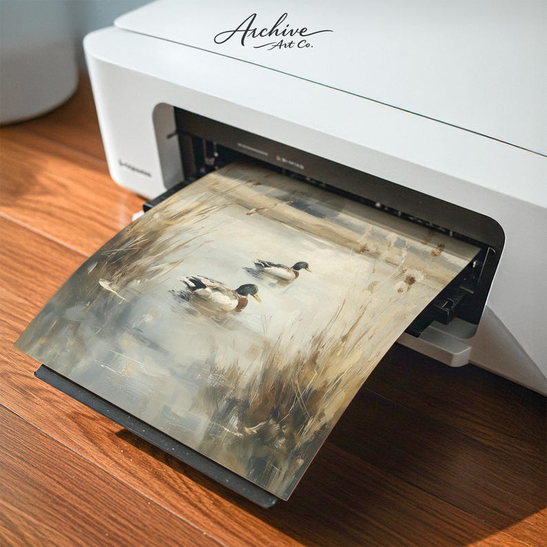 Impressionistic picture of mallards in mist for bathroom — tranquil water tones and soft details add serenity to your decor.