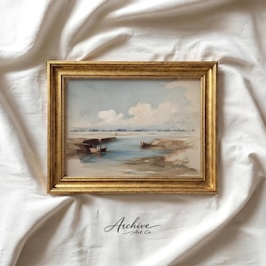Printable Tranquil Coastal Seascape - Vintage Nautical Beach Art, Neutral Rowboat Painting, Rustic Low-Tide Landscape, Digital Download