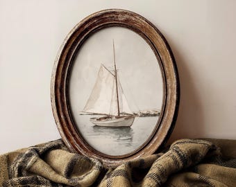 Vintage Printable Sailboat Wall Art, Nautical Coastal Decor, Muted Watercolor Print with Distant Shoreline, Calm and Serene Digital Download