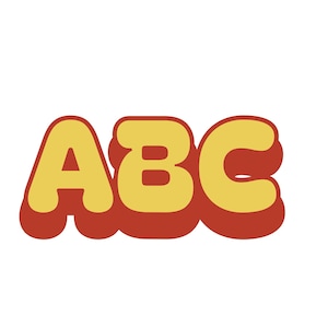 May include: The letters A, B, and C are displayed in a bold, rounded, yellow font. Each letter features a thick, dark red drop shadow that creates a three-dimensional effect, making the characters appear to lift off the surface of the image.