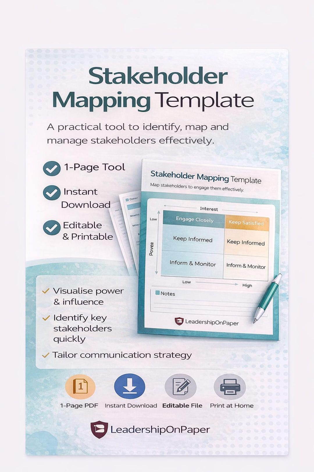 Stakeholder Mapping Template | 1-page Leadership Tool | Impact Vs ...