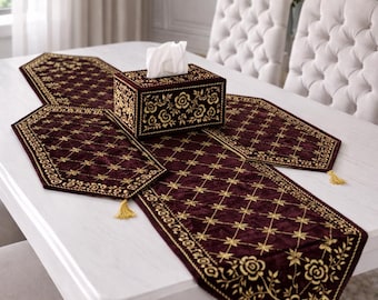Luxury Embroidered Table Runner & Tissue Box Cover Set – Elegant Dining Decor