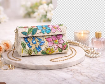 Elegant Bridal Clutch Bag | Handmade Beaded Floral Evening Purse with Chain Strap