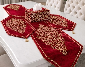 Elegant Red Velvet Table Runner with Tassels | Gold Embroidery Luxury Christmas Table Decor