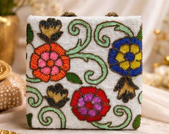 Handmade Beaded Clutch Bag – Colorful Floral Embroidered Evening Purse for Wedding Party