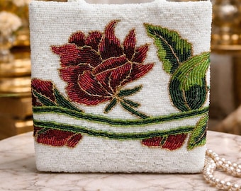 Handmade Beaded Floral Clutch Bag, White Pearl Evening Purse, Red Rose Embroidery