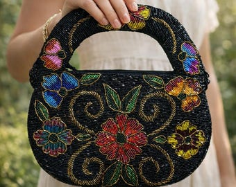Handmade Beaded Floral Handbag – Black Embroidered Evening Purse