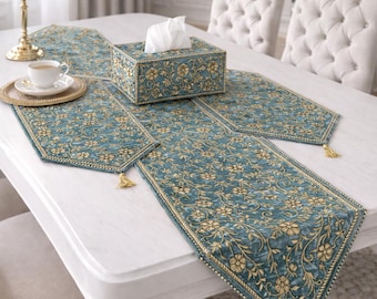 Embroidered Table Runner Set with Tissue Box Cover – Luxury Dining Table Decor