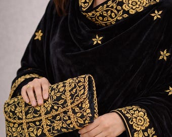 Handmade Velvet Shawl, Gold Embroidered Bridal Wrap, Pakistani Wedding Dupatta