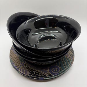 Vintage Arcoroc France Tampico Black Glass Dinnerware Set | 8-Piece Bowl & Plate Set
