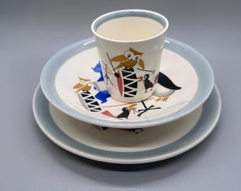 Egersund Norway Espresso Cup Saucer Plate Set: MCM Animal Band Pottery