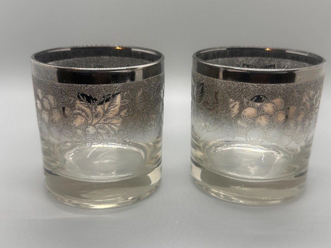 Vintage Silver Rim Rocks Glasses – Floral Etched Cocktail Glasses – Set ...