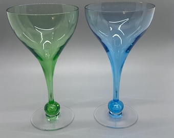Vintage Blue Green Stem Martini Glasses Set of 2 | Hand Blown Style Cocktail Barware